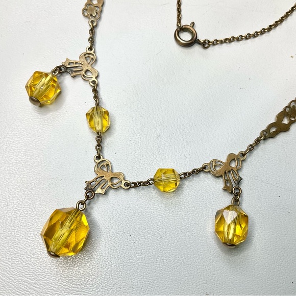 Art Deco Uranium Glass Bows Drops Necklace 20’s/30’s Original Antique - Picture 6 of 10